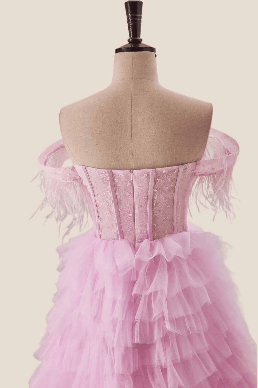 Off the Shoulder Pink Corset Tiered Ruffle Formal Gown