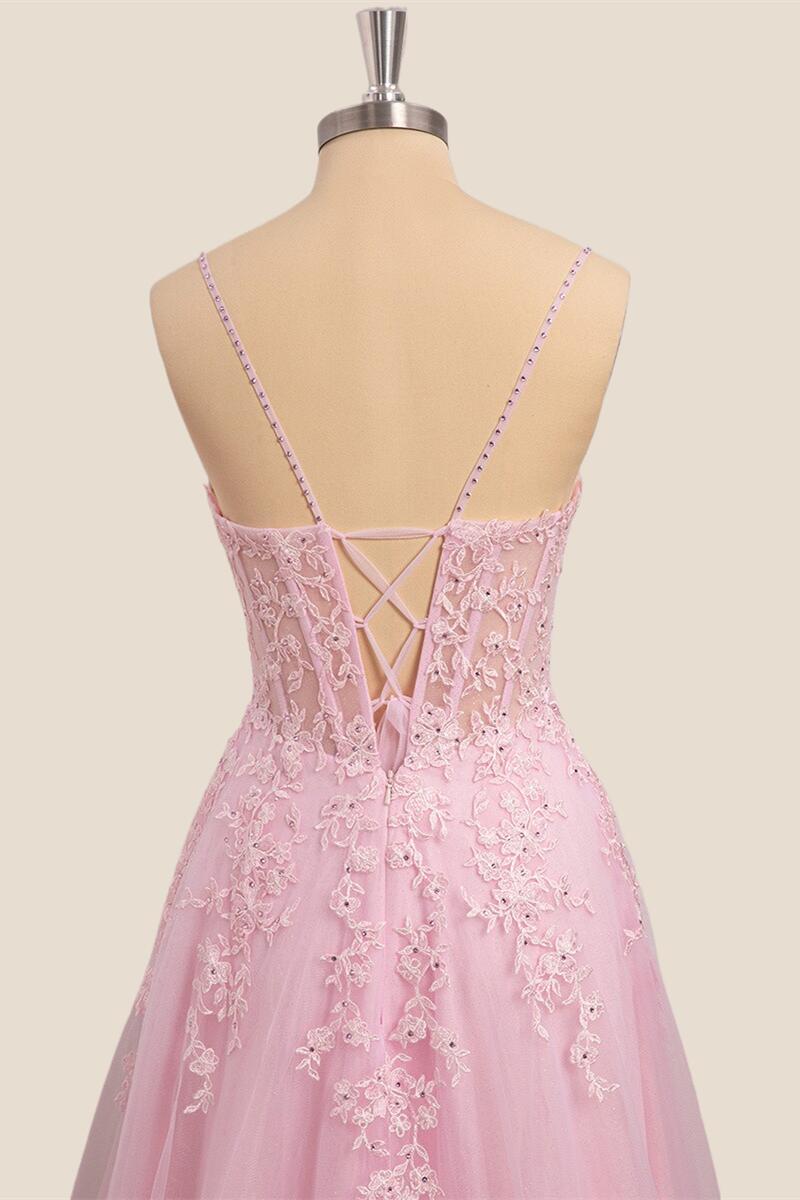 Straps Pink Lace Appliques Tulle Long Formal Dress