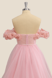 Flowers Off the Shoulder Pink Tulle A-line Formal Dress