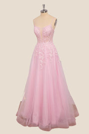 Straps Pink Lace Appliques Tulle Long Formal Dress