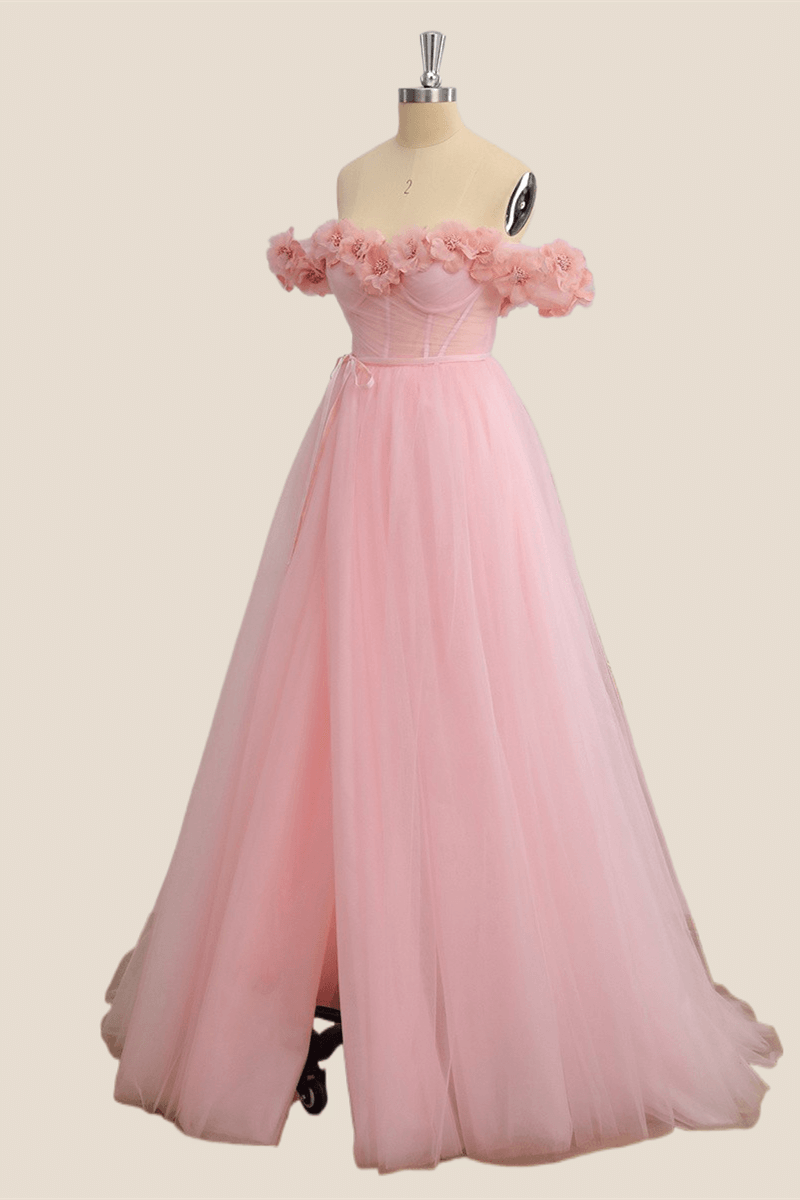 Flowers Off the Shoulder Pink Tulle A-line Formal Dress