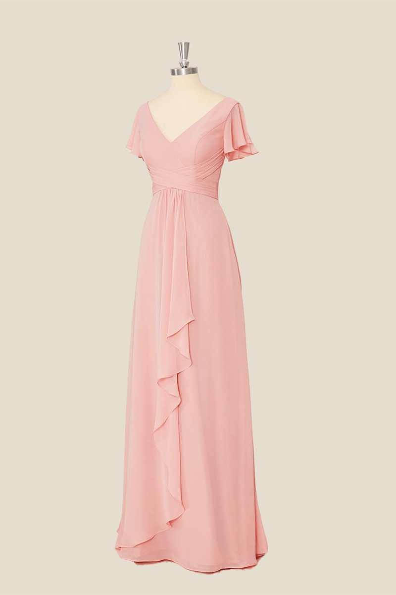 V Neck Pink Chiffon A-line Long Dress