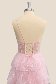 Pink Straps Ruffles Tiered Long Formal Dress