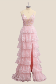 Pink Straps Ruffles Tiered Long Formal Dress