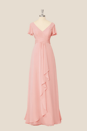 V Neck Pink Chiffon A-line Long Dress