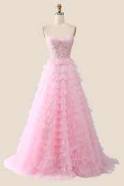 Pink Sweetheart Lace and Tulle Tiered Gown