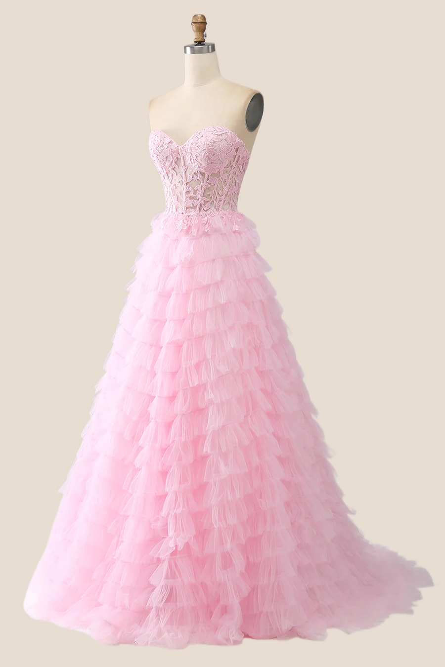 Pink Sweetheart Lace and Tulle Tiered Gown