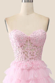 Pink Sweetheart Lace and Tulle Tiered Gown