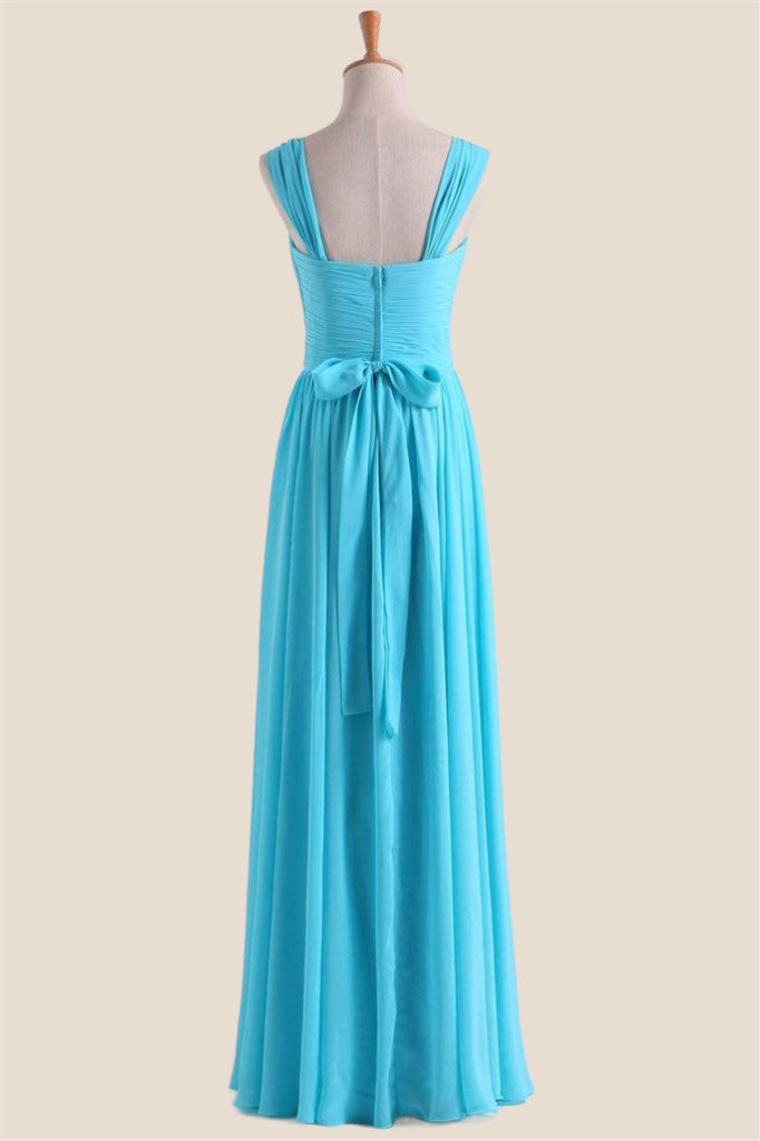 Blue Chiffon Pleated A-line Long Bridesmaid Dress