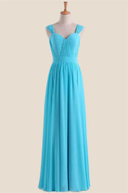 Blue Chiffon Pleated A-line Long Bridesmaid Dress