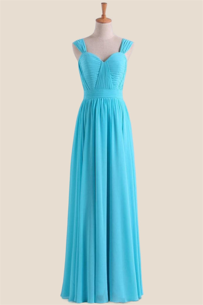 Blue Chiffon Pleated A-line Long Bridesmaid Dress