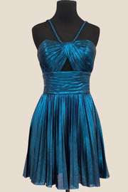 Peacock Metallic Halter Pleated A-line Short Dress