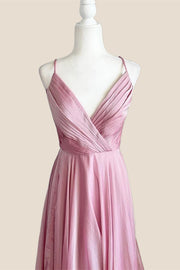 Pleated Pink V Neck Satin Long Party Dress