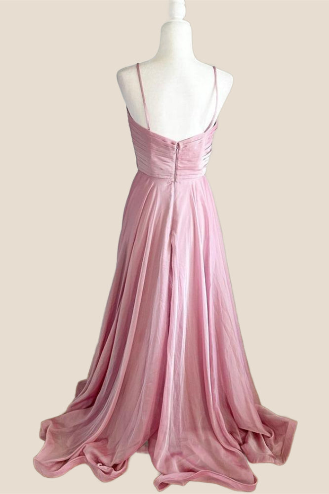 Pleated Pink V Neck Satin Long Party Dress