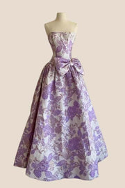 Purple Floral Strapless A-line Bow Prom Dress