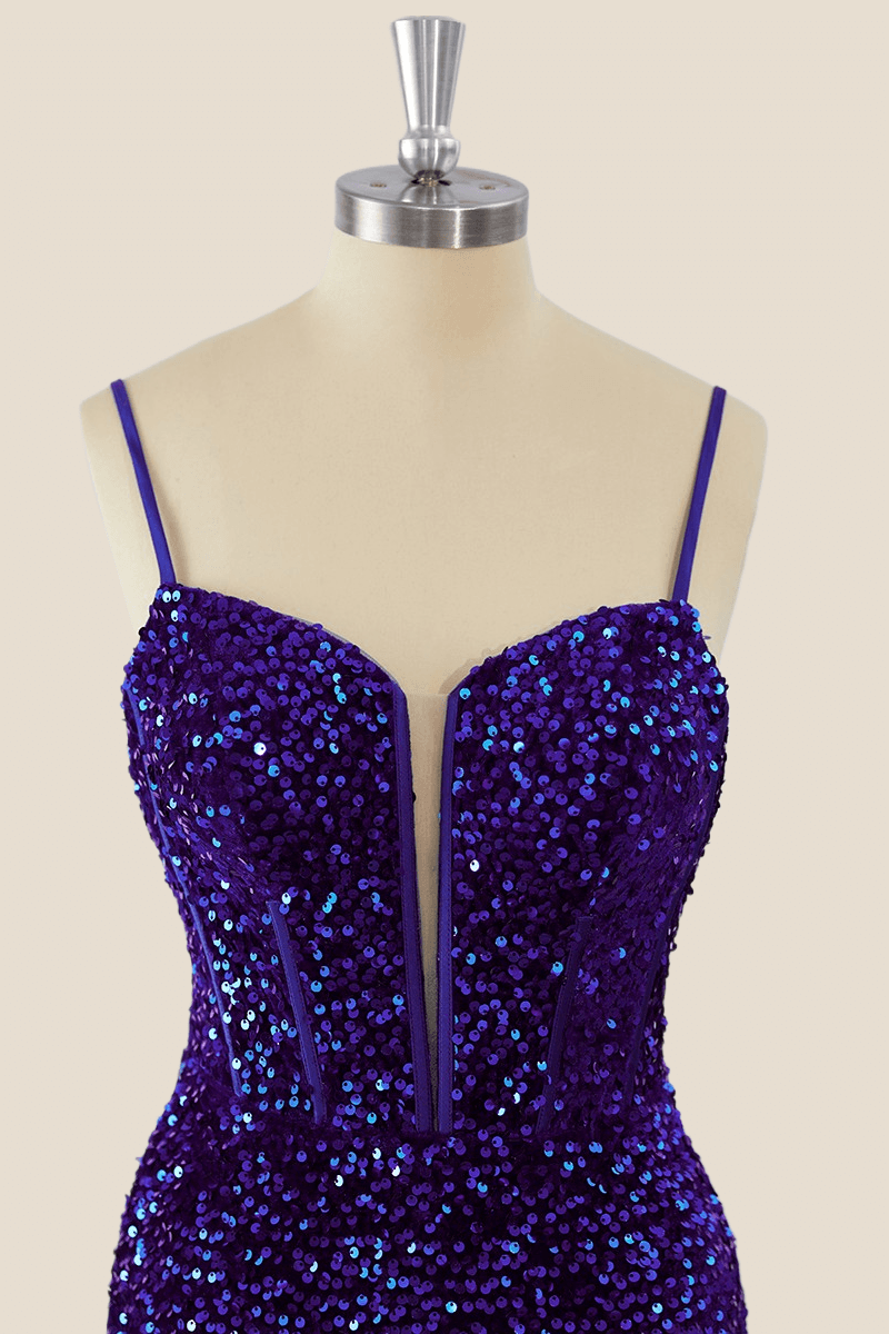 Straps Purple Sequin Tight Mini Dress