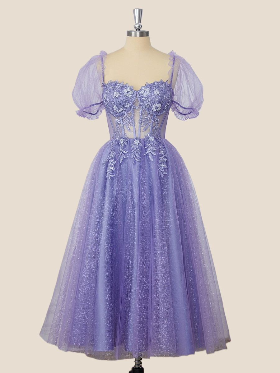 Short Sleeves Purple Tea Length Dress