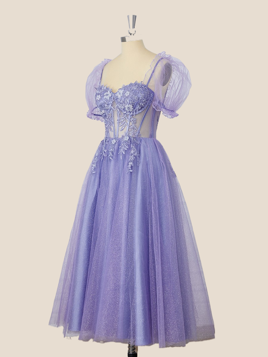 Short Sleeves Purple Tea Length Dress