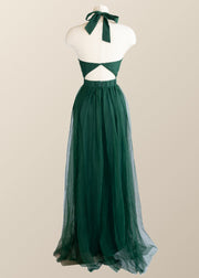 Halter Hunter Green Tulle Long Formal Dress