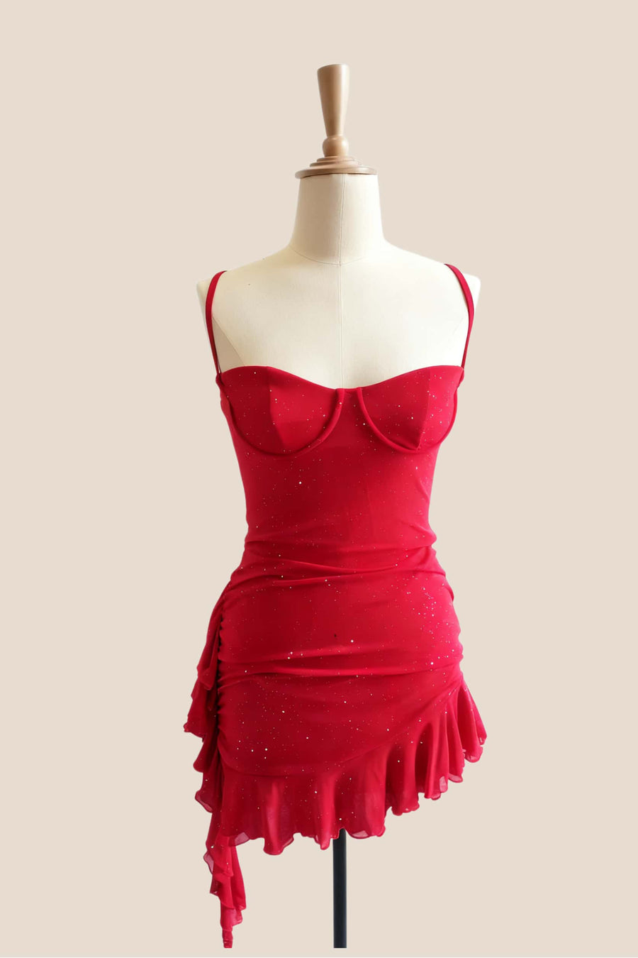 Straps Red Sparkle Fitted Dress with Ruffles
