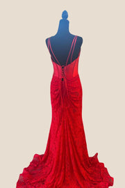 V-neck Red Lace Appliques Mermaid Long Dress