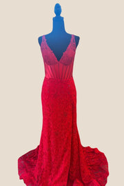 V-neck Red Lace Appliques Mermaid Long Dress