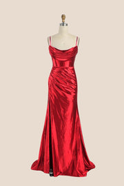 Cowl Neck Royal Blue Ruched Satin Long Dress