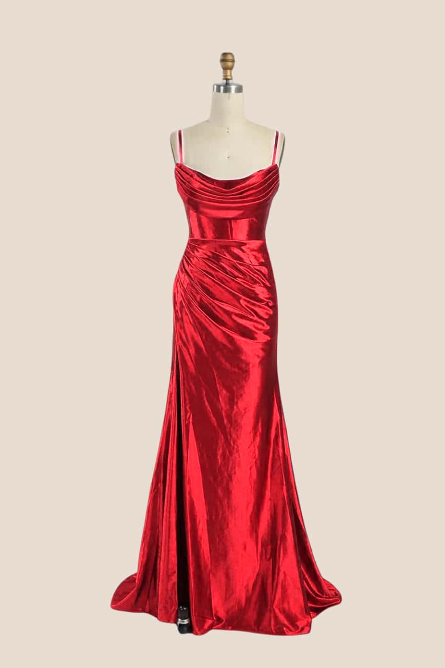 Cowl Neck Royal Blue Ruched Satin Long Dress