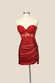 Strapless Red Sequin Tight Short Dress