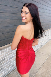 Strapless Red Lace and Satin Ruched Tight Dress