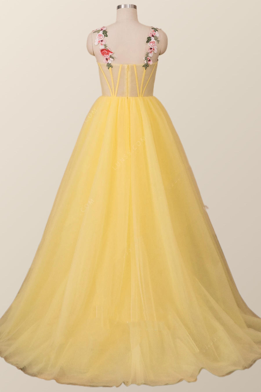 Floral Straps Yellow Corset Long Formal Dress