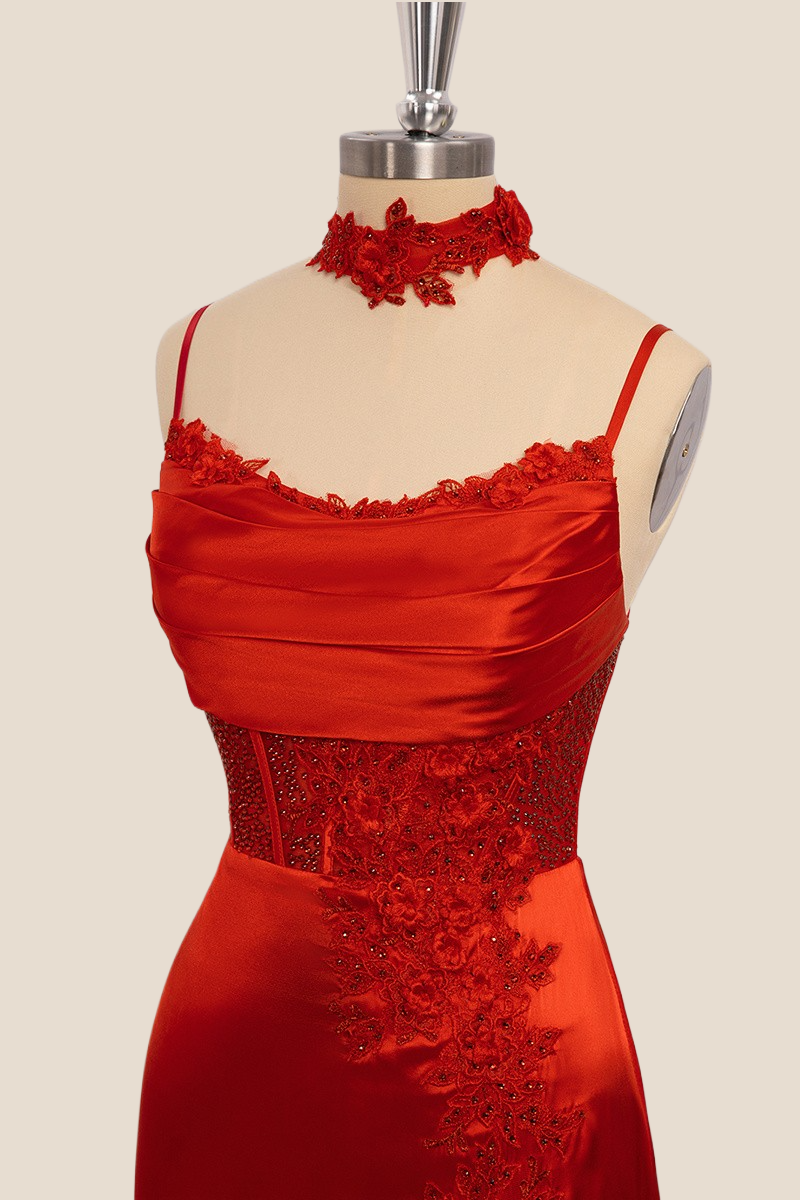 Scoop Red Lace and Satin A-line Long Formal Dress
