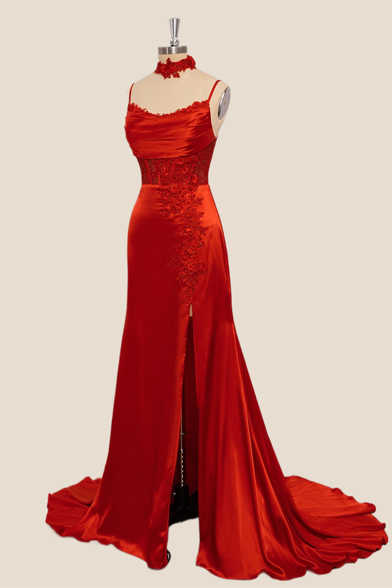 Scoop Red Lace and Satin A-line Long Formal Dress