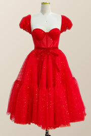 Short Puffy Sleeves Red Tulle Starry Midi Dress