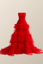 Red Tulle Strapless A-line Long Dress