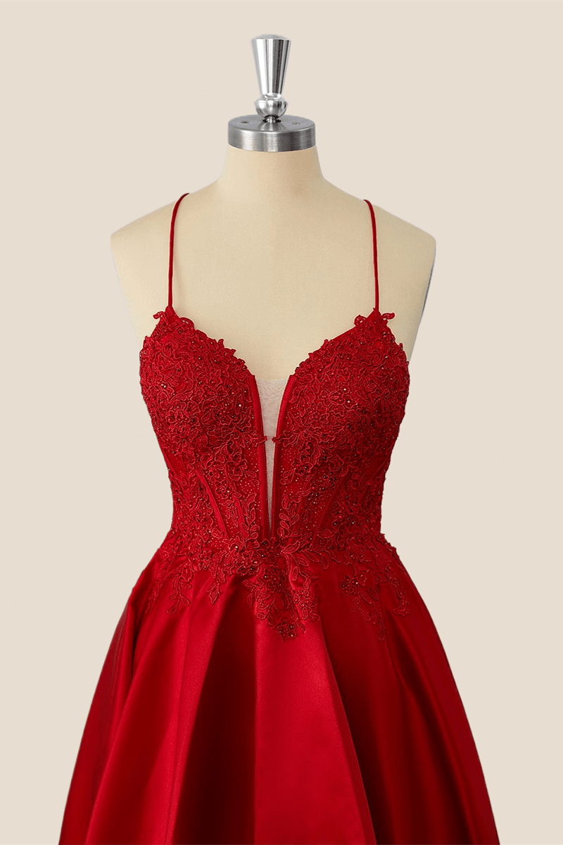 Red Satin Appliques A-line Short Prom Dress
