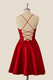 Red Satin Appliques A-line Short Prom Dress