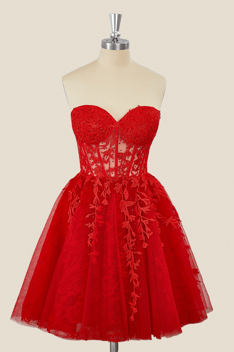 Red Lace Appliques A-line Short Prom Dress