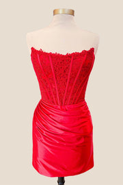 Strapless Red Lace and Satin Ruched Tight Dress