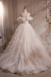 Off the Shoulder Ivory Tulle Floral Long Wedding Gown