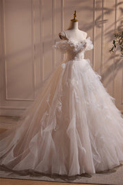 Off the Shoulder Ivory Tulle Floral Long Wedding Gown