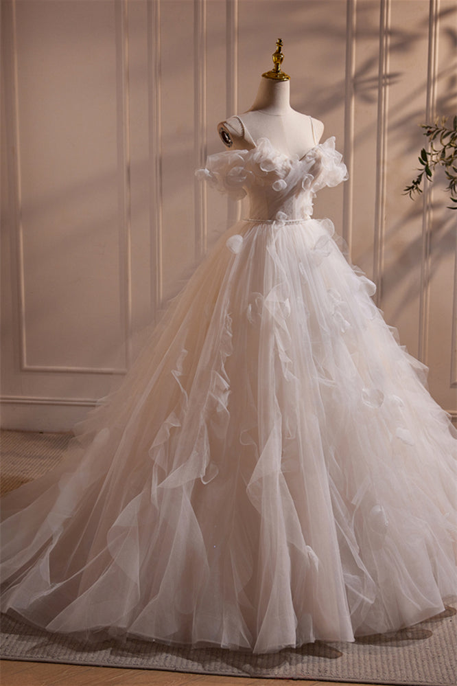 Off the Shoulder Ivory Tulle Floral Long Wedding Gown