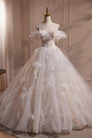 Off the Shoulder Ivory Tulle Floral Long Wedding Gown