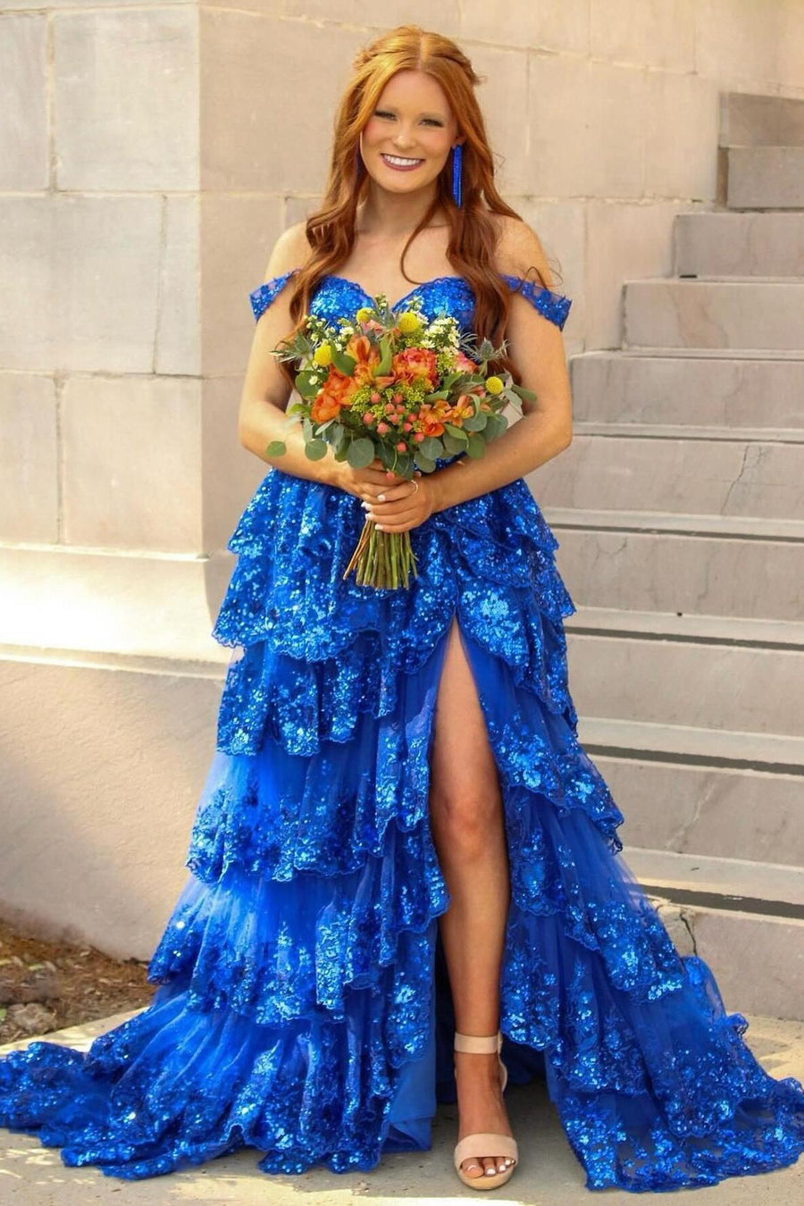 Off the Shoulder Light Blue Appliques Tiered Formal Gown Ohmollydress Off the Shoulder Light Blue Appliques Tiered Formal Gown Ohmollydress