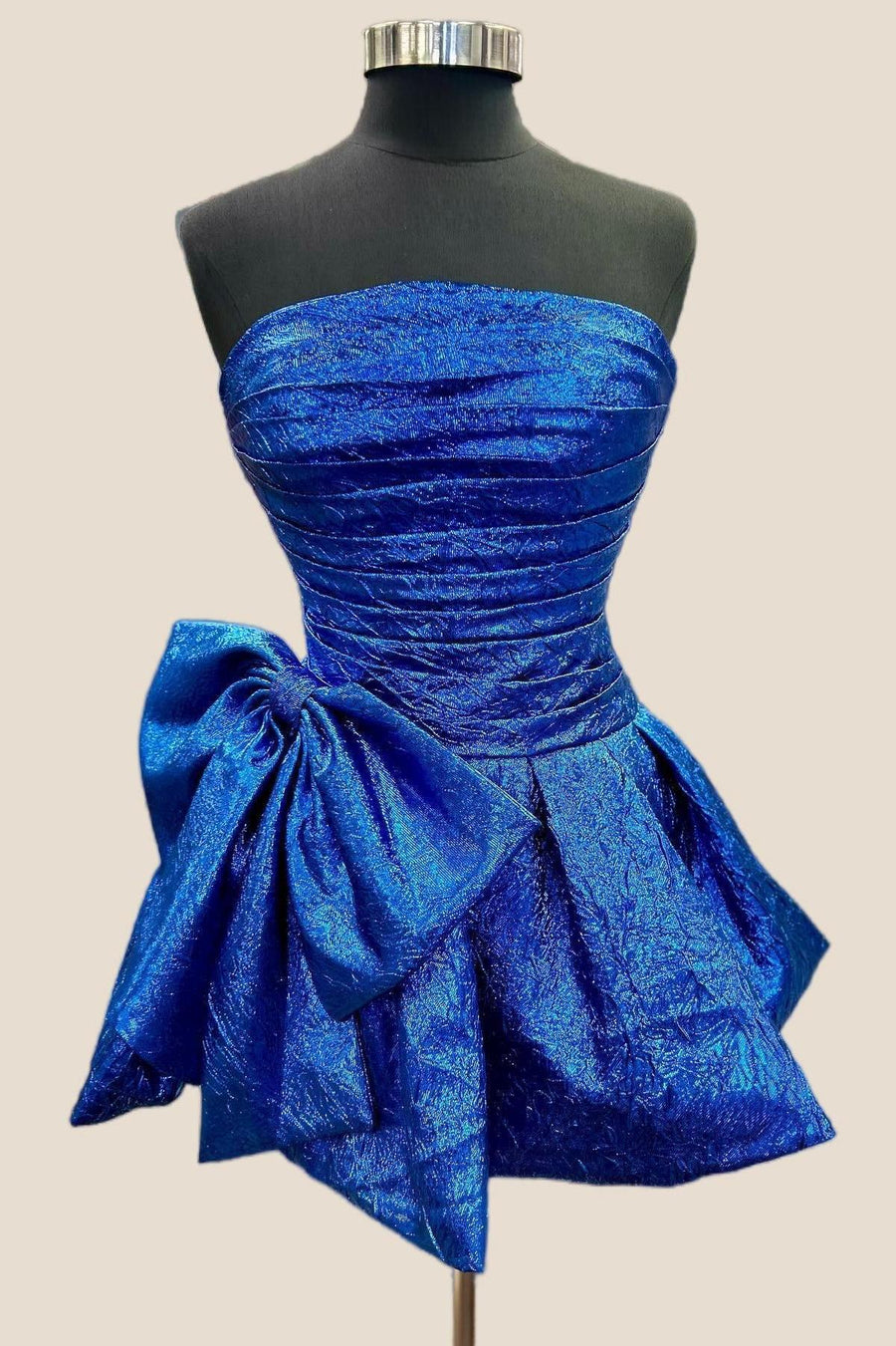 Strapless Blue Ruched Short Dress with Bow