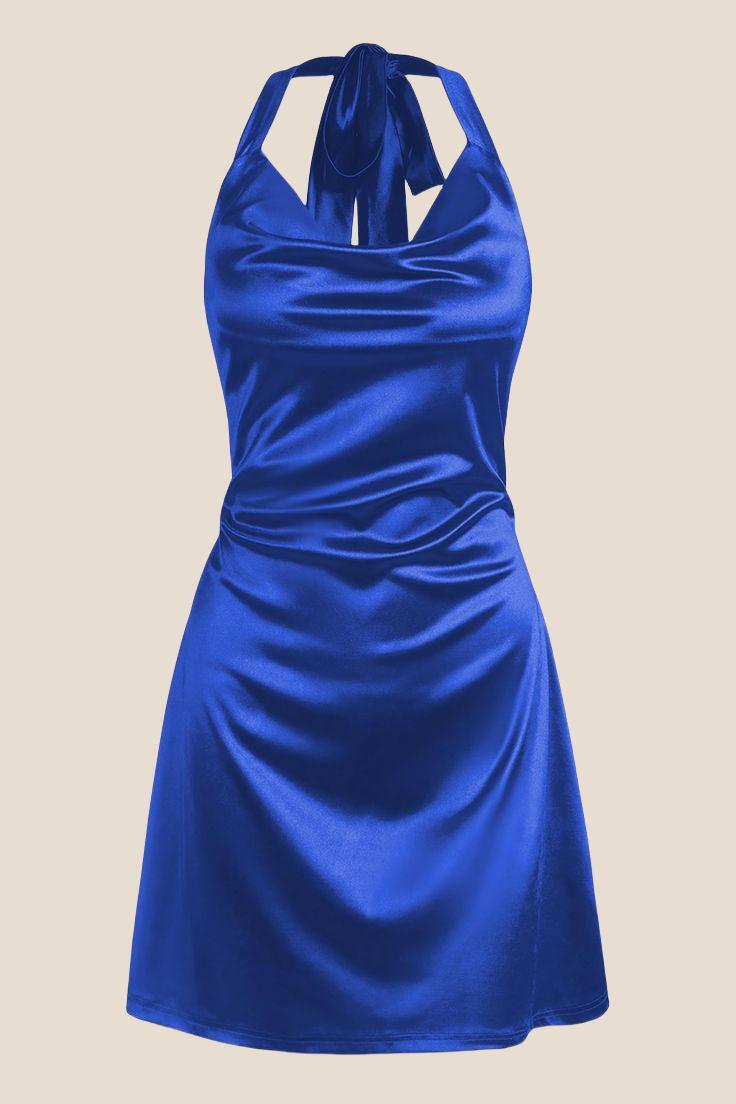 Navy Blue Cowl Neck Halter Soft Satin Mini Dress