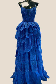 Straps Royal Blue Appliques Ruffles Long Formal Dress