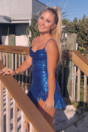 Straps Fuchsia Ruched Sequin Short Dress