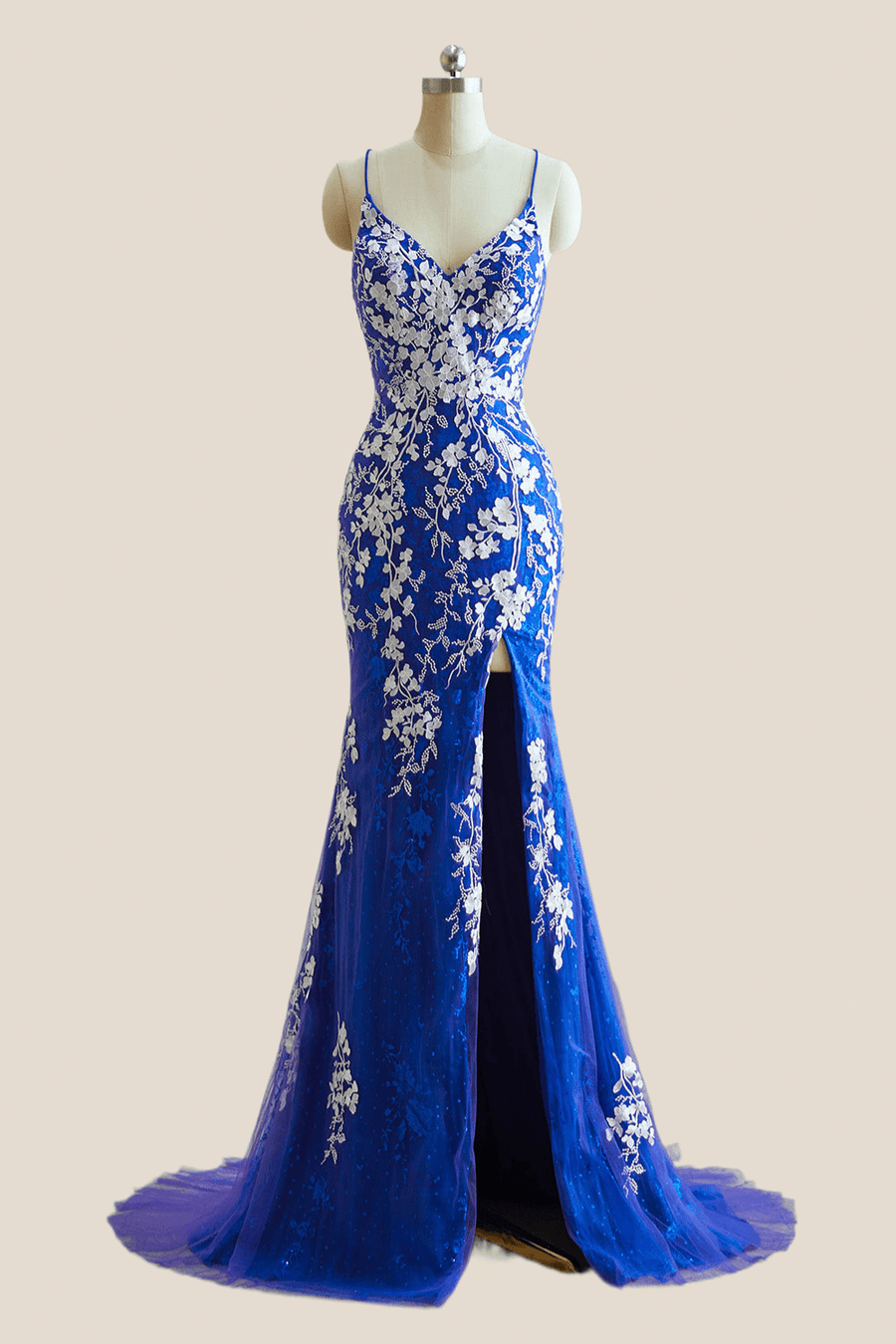 Straps Royal Blue and White Lace Mermaid Formal Dress