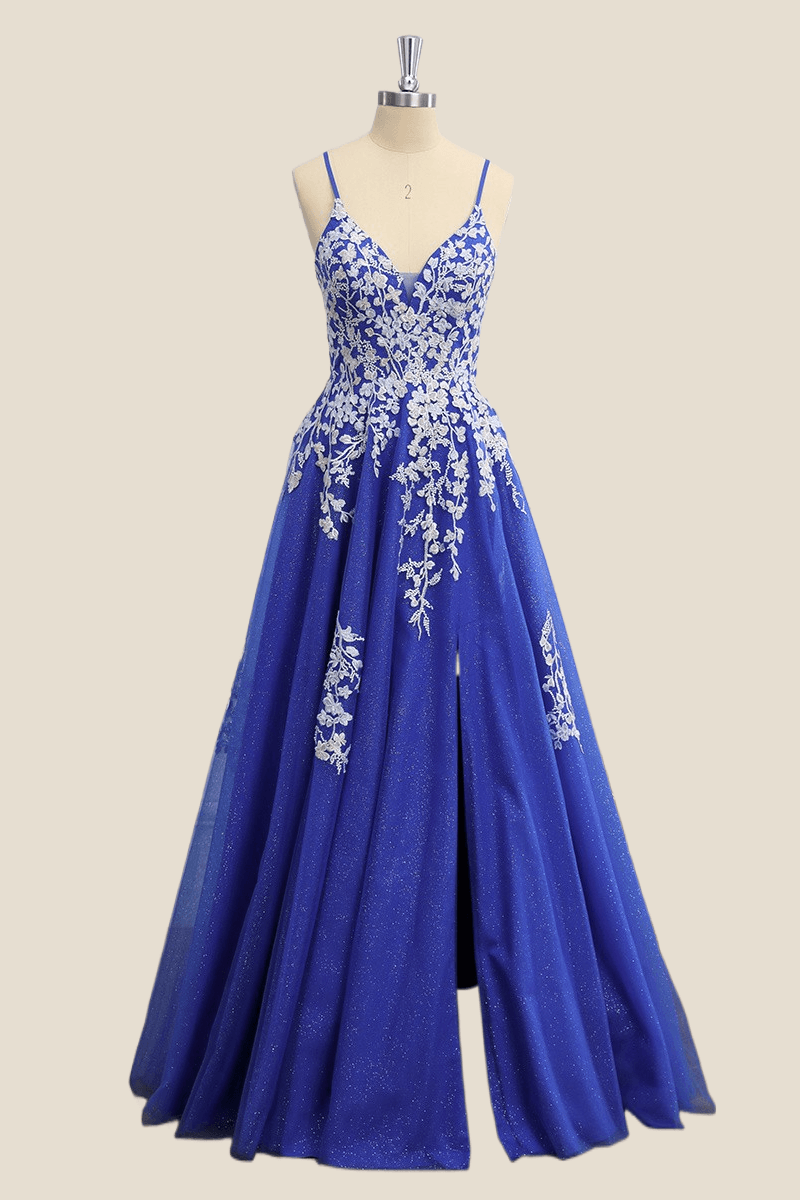 Royal Blue and White Lace A-line Long Formal Dress